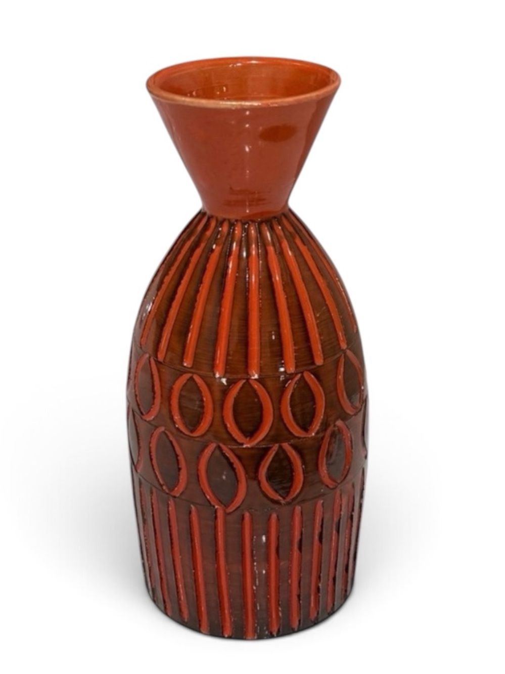 Mid‑Century Modern Italian Textured Ceramic Vase – Deep Orange & Black Glaze